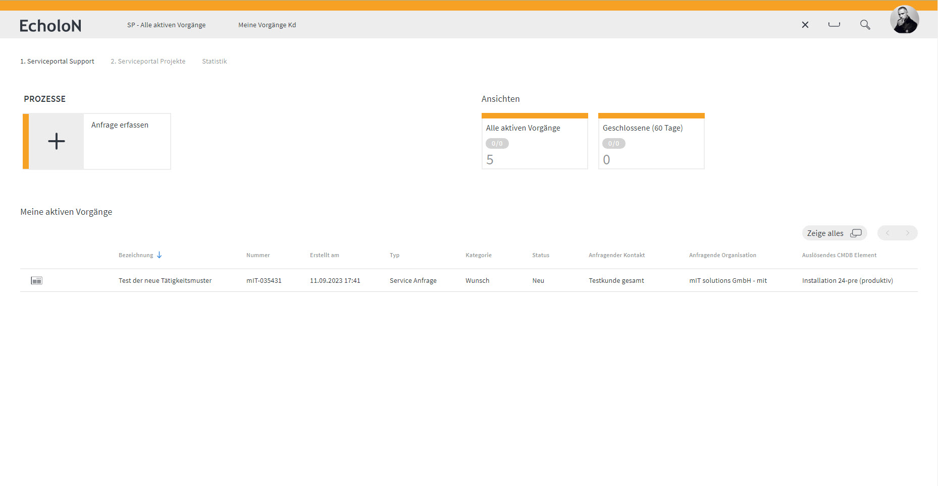 Screenshot: EcholoN SelfService-Portal Rolle: Standard Benutzer mit Ticketerfassung und Projekt Kollaboration