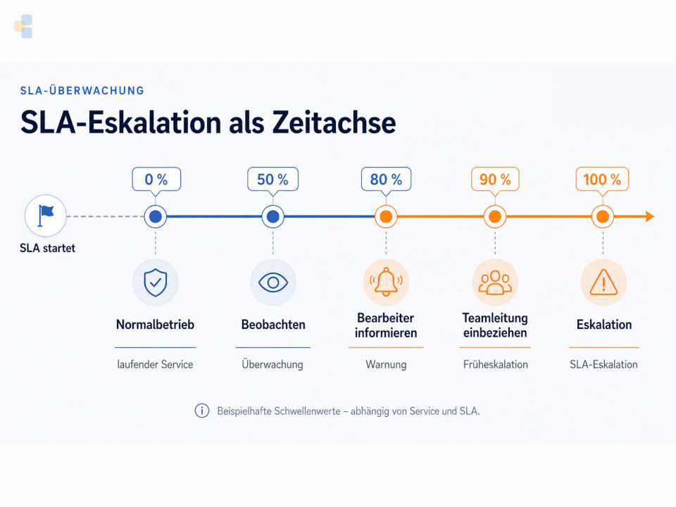 EcholoN Blog Eskalationsmanagement: Beispiel einer SLA-Eskalation mit Warnschwellen bei 50, 80, 90 und 100 Prozent