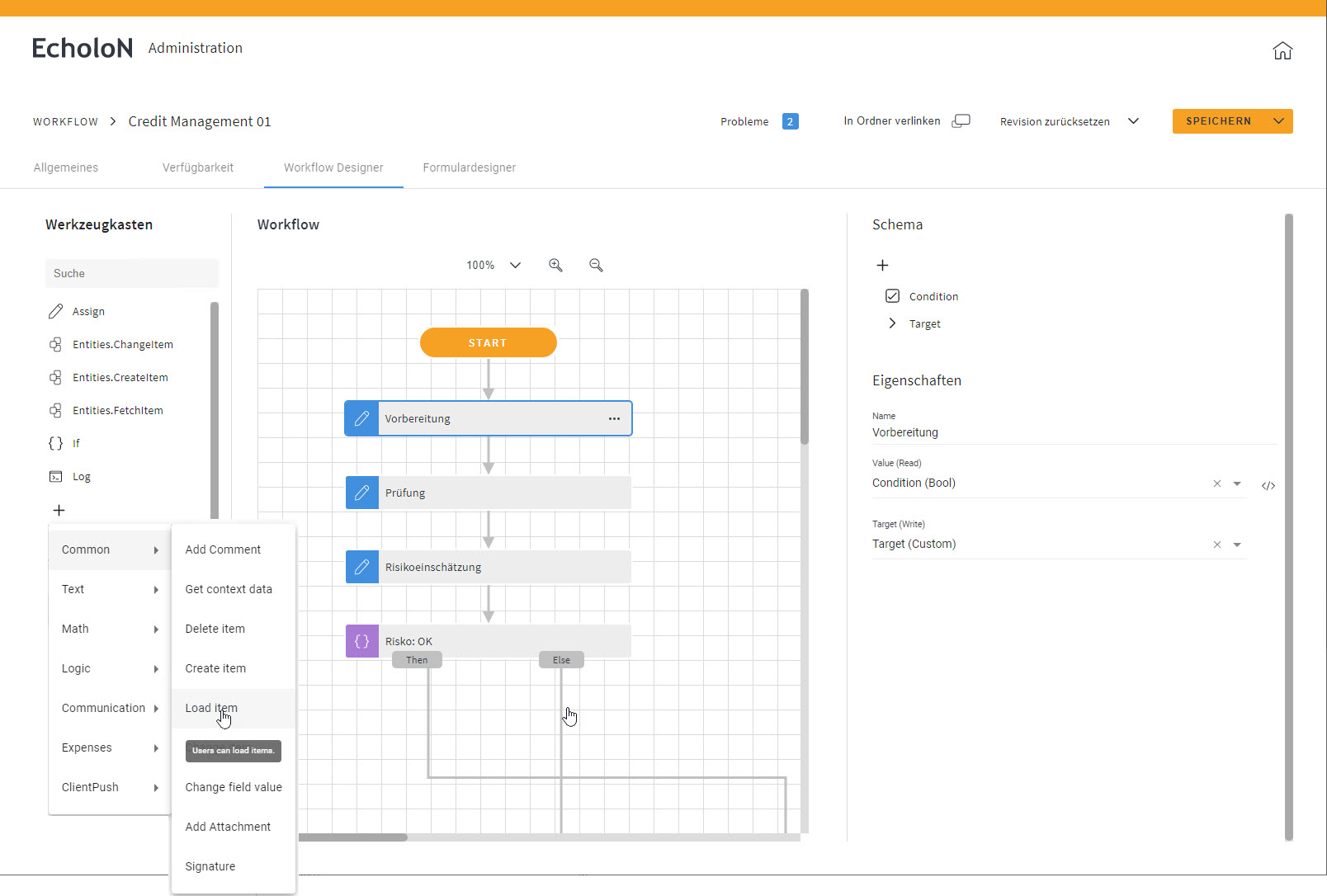 Screenshot: EcholoN Client Rolle: Administrator Workflow-Design helles Farbschema