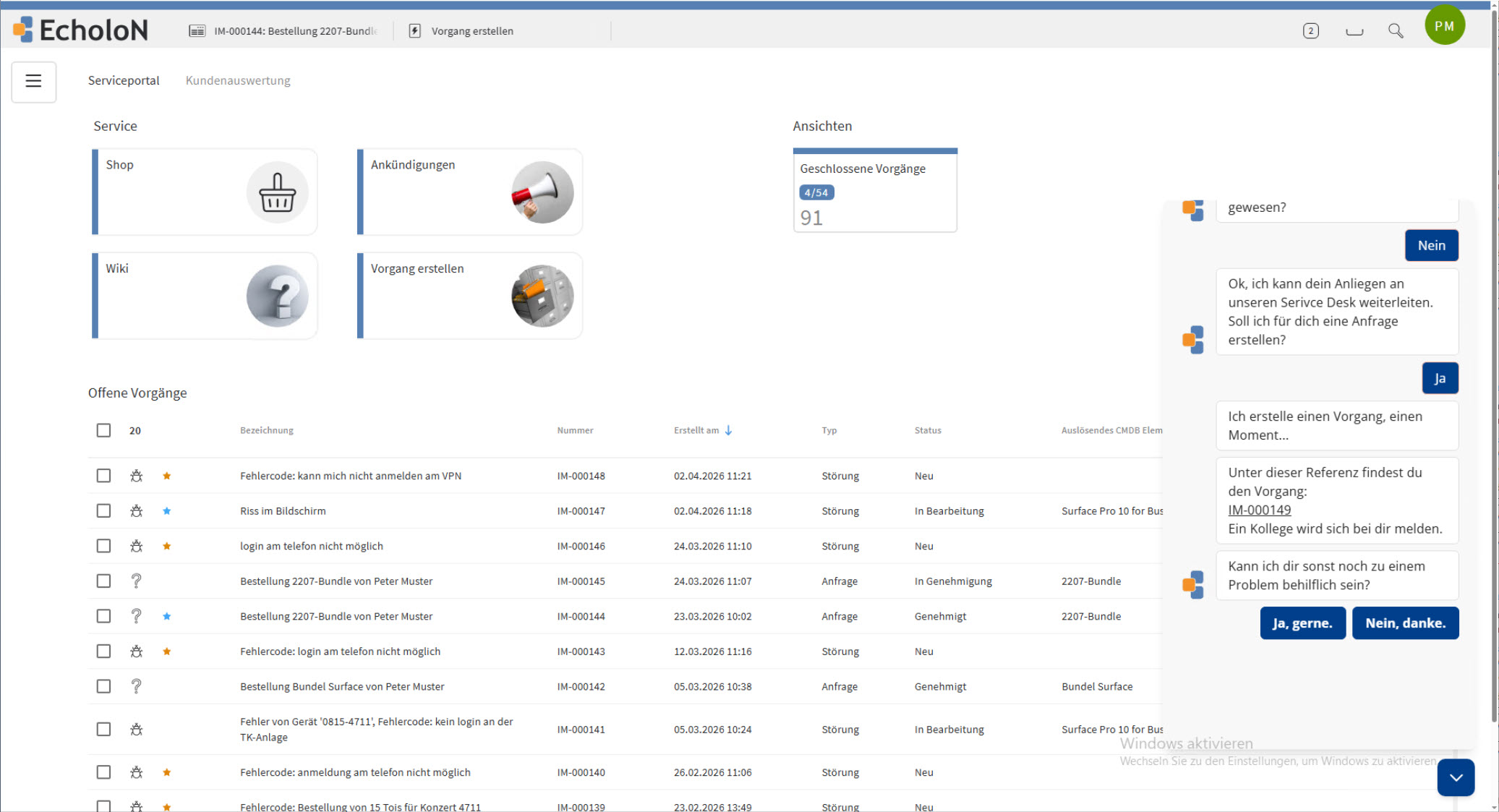 Screenshot: EcholoN SelfService-Portal Rolle: ITSM-Standard Benutzer mit Ticketerfassung, Chatbot und Shop
