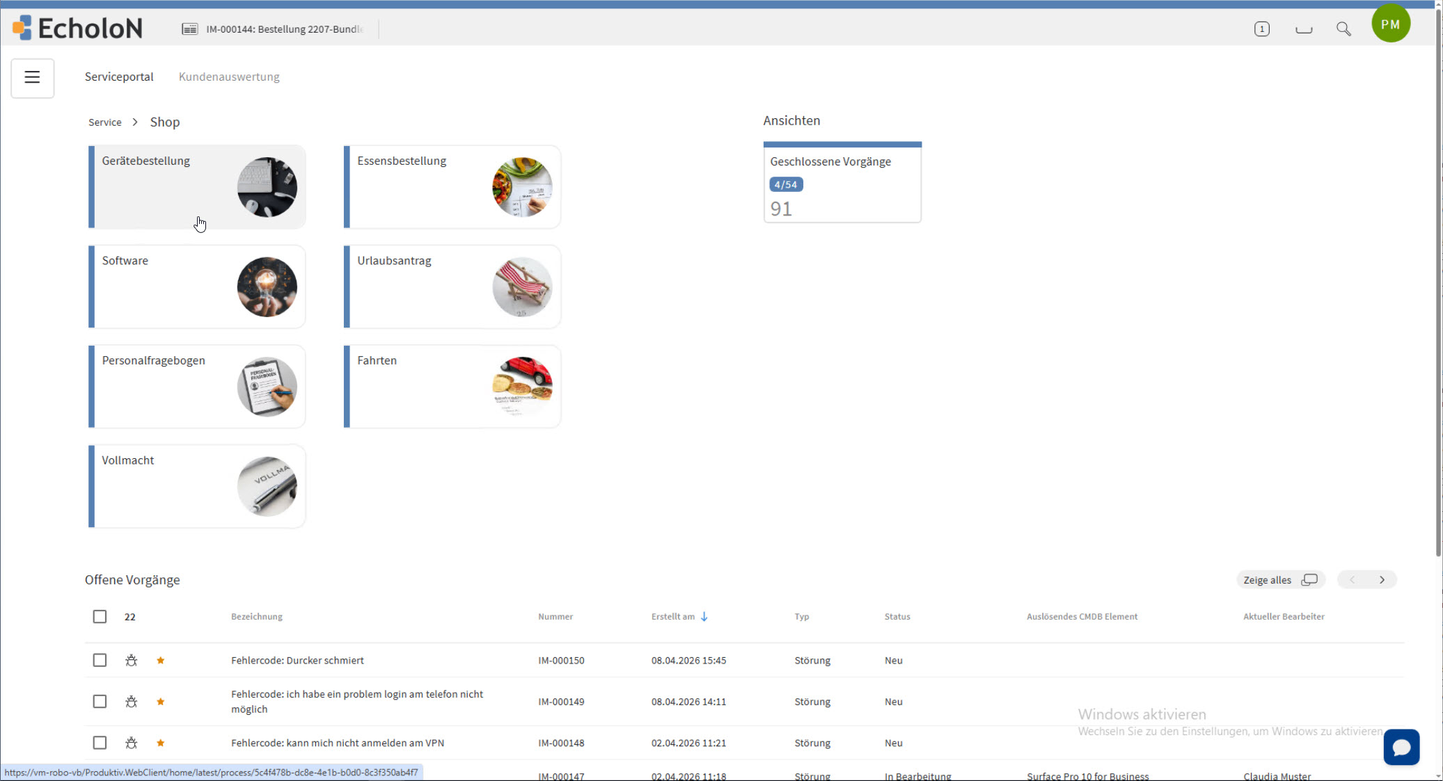 Screenshot: EcholoN SelfService-Portal Rolle: ITSM-Standard Benutzer mit Ticketerfassung, Chatbot und Bestellprozess