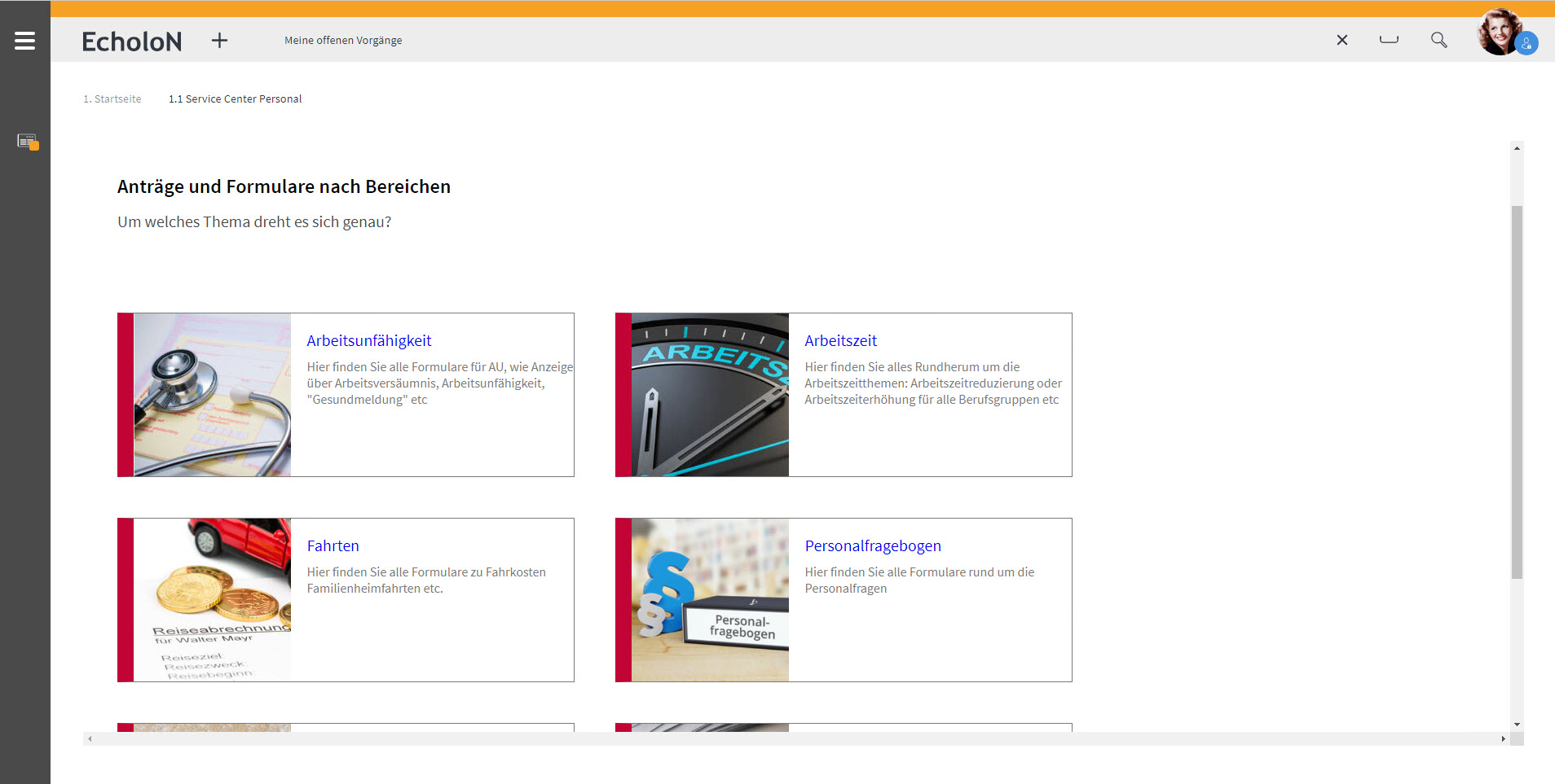 Screenshot: EcholoN SelfService Portal Rolle: HR Service Center Personal mit Anträge und Formulare