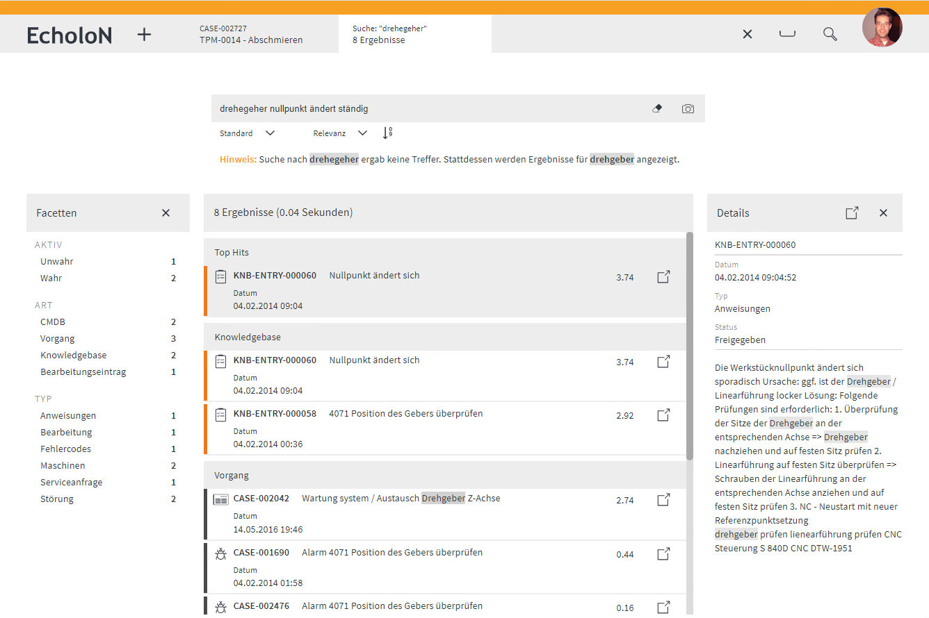 EcholoN Software - central search dialogue as an information hub