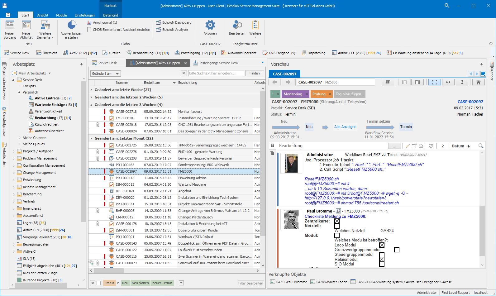 Screensho EcholoN Windows Client Arbeitsplatz-Explorer und Arbeitslisten-Grid