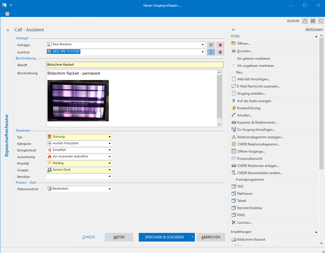 Screenshot: EcholoN Windows Client Geschäftsprozess "Call-Assistent" mit Ticketerfassung