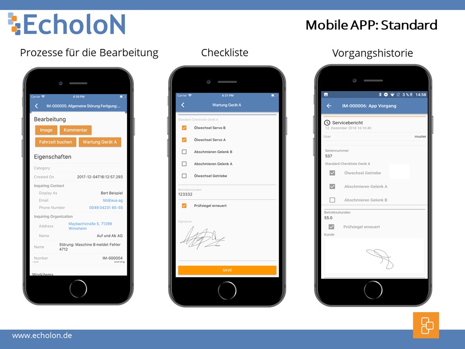 Screenshot EcholoN App offline Verschiedene Bearbeitungsansichten Rolle Service Techniker